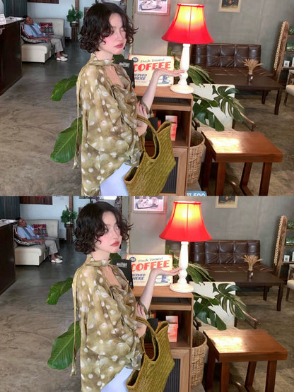 Wine noon 2026 spring olive green vintage polka dot cupro chiffon lace-up lantern sleeve artistic top girl
