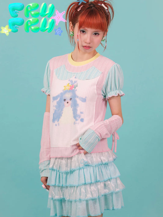 Gollum Store Original Cute Girl Summer Y2K Powder Blue Colorblock Puppy Print Pure Cotton T-Shirt