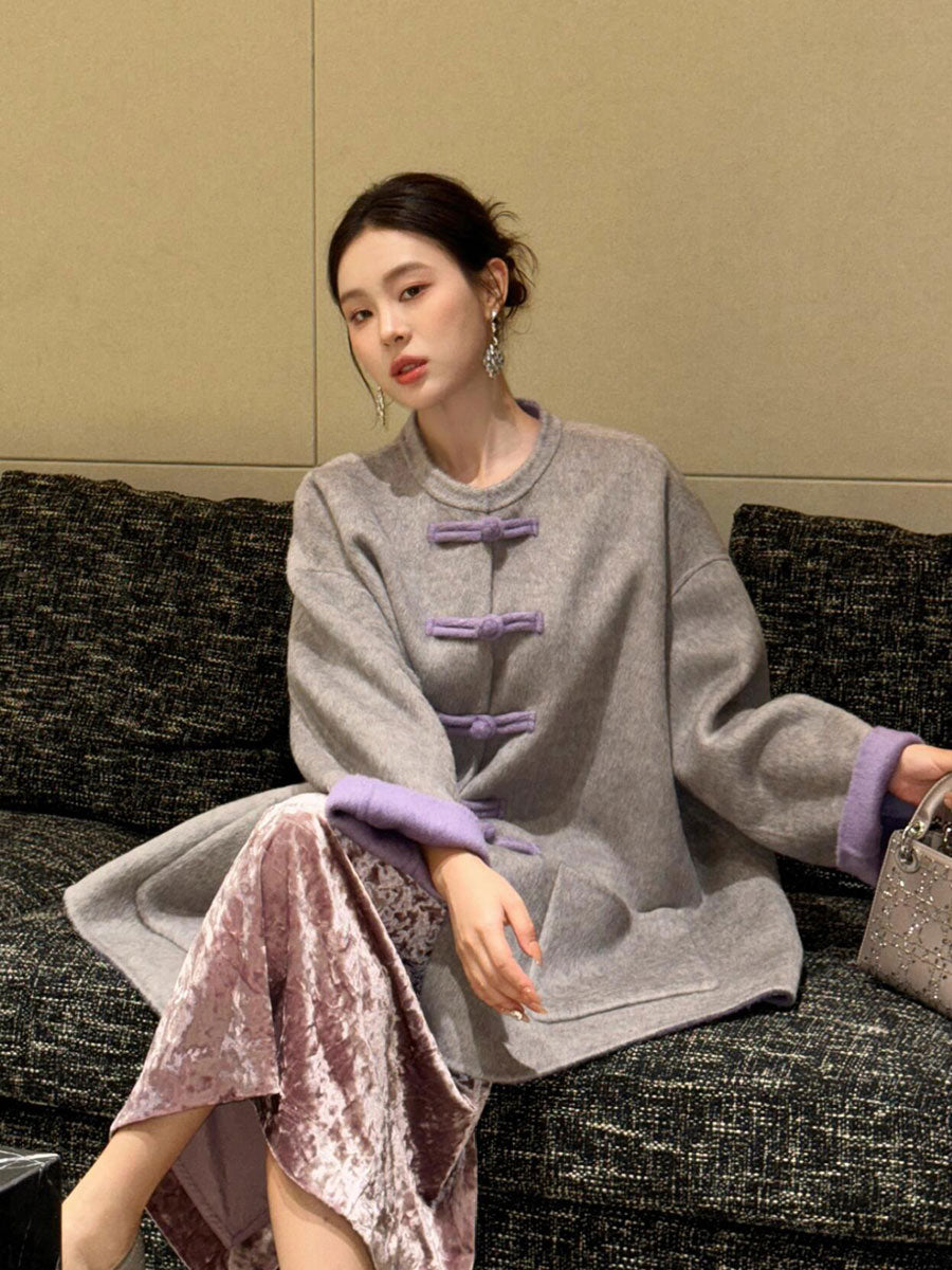 New Chinese Cashmere Coat – Luxury Gray Wool Jacket with Classic Buttons