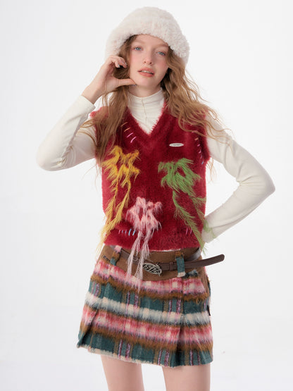 Gilet maglione con scollo a V e stella in nappa |. Design natalizio rosso per l'autunno/inverno