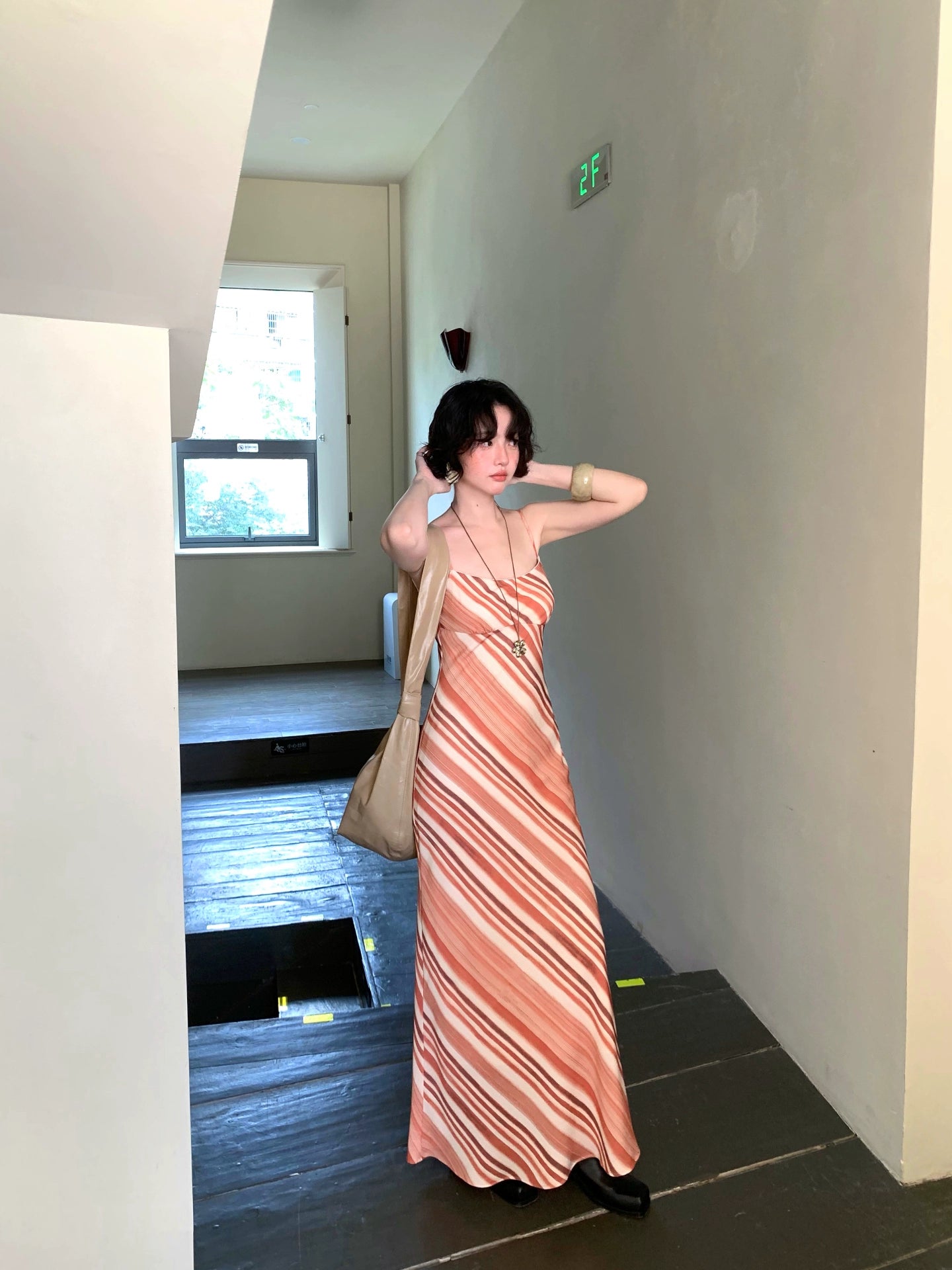 Orange Trace Draped Stripe Slip Dress – French Retro Layered Long Dress