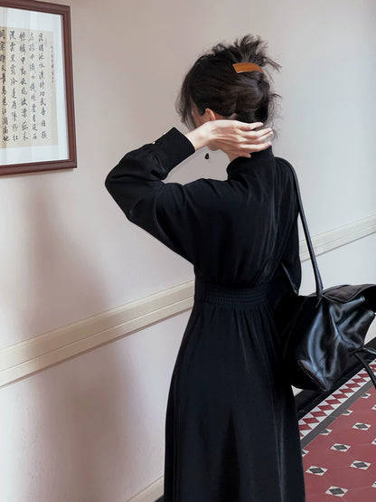 French Retro Stand-Collar Long Sleeve Dress – Elegant Waist-Cinched Midi