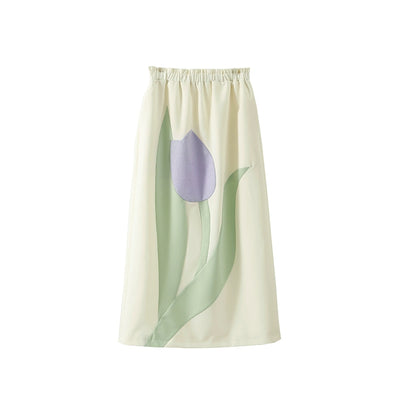 Original Design Flower Tender and Contrast Tulip Bow Short Sleeve Top Half Skirt Set