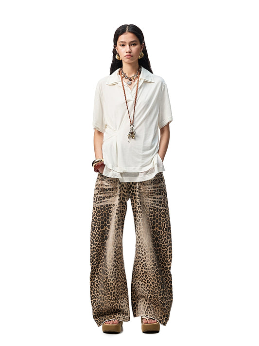 Two-in-One Loose Polo Blouse – Irregular Stitched Oversized Midi Top