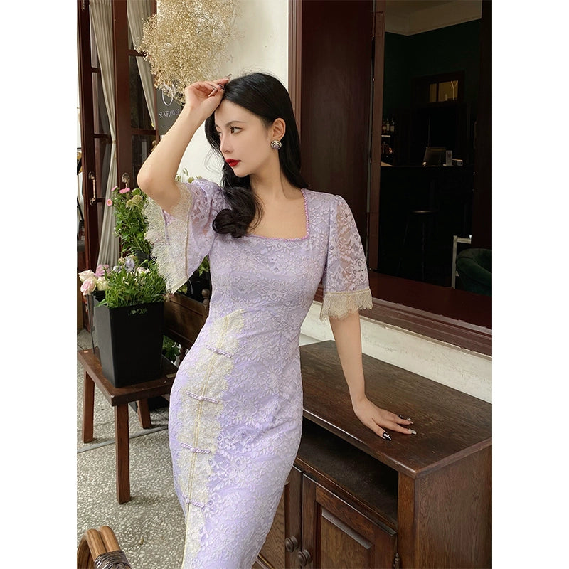 Far Mountain Purple Lace Cheongsam Dress