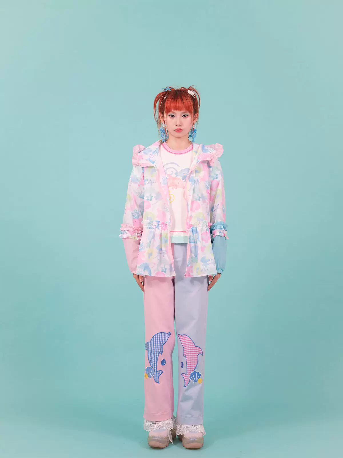 Gollum Store Original Cute Summer Girl Pink Blue Color-Block Dolphin Lace Casual Loose Long Pants