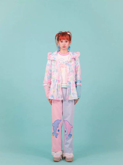 Gollum Store Original Cute Summer Girl Pink Blue Color-Block Dolphin Lace Casual Loose Long Pants