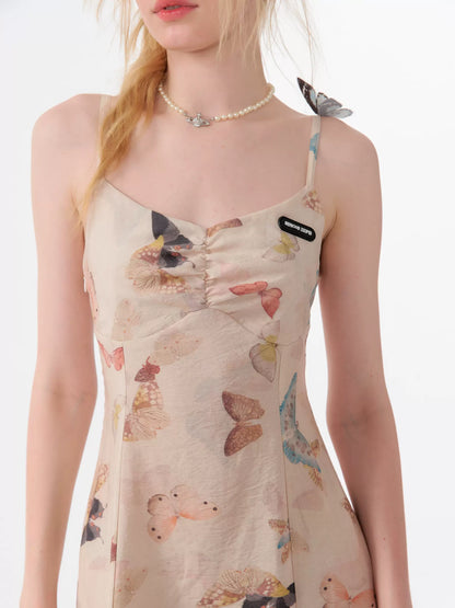 Vestido con tirantes con estampado de mariposas Diseño retro de verano de alta gama