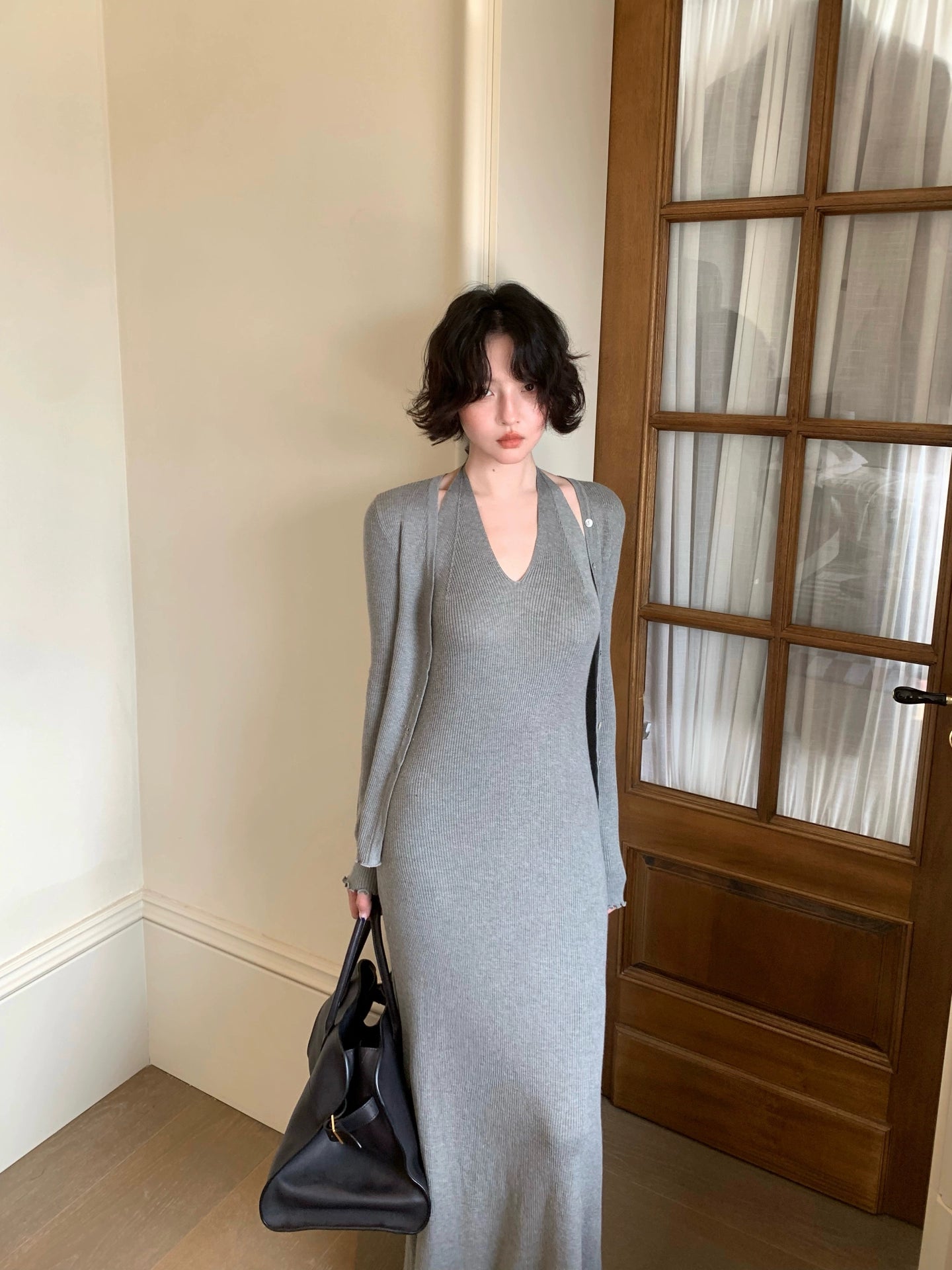 Qingtan Knit Cardigan & Halter Long Dress Set – Hong Kong Retro Autumn Look