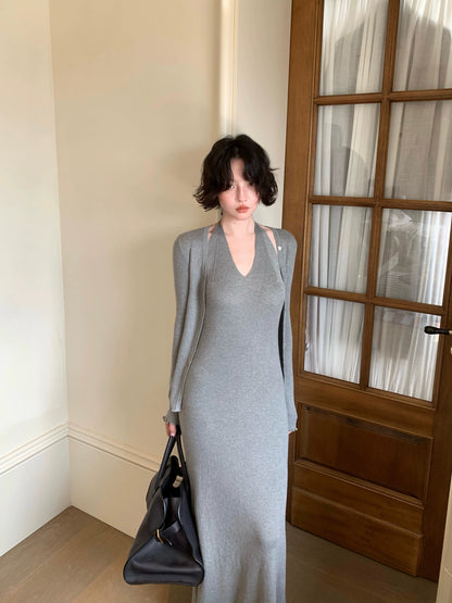 Qingtan Knit Cardigan & Halter Long Dress Set – Hong Kong Retro Autumn Look