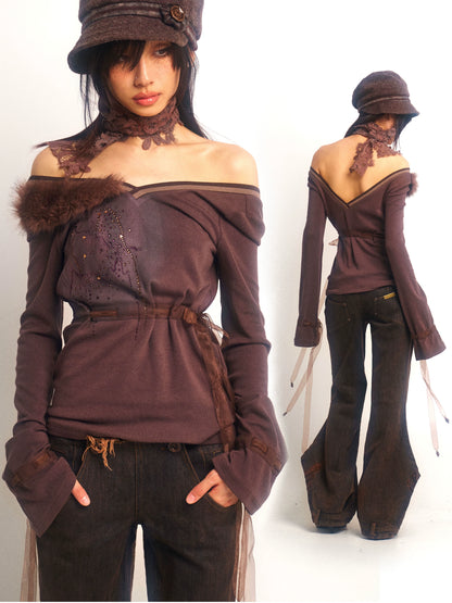 Fur-Collar Knit Long Sleeve Top – Soft Slim Style