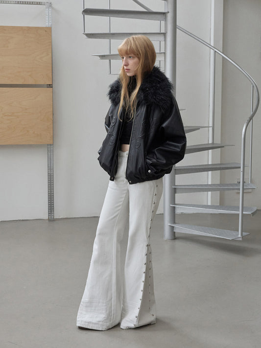 Fur Collar Embroidered Leather Jacket