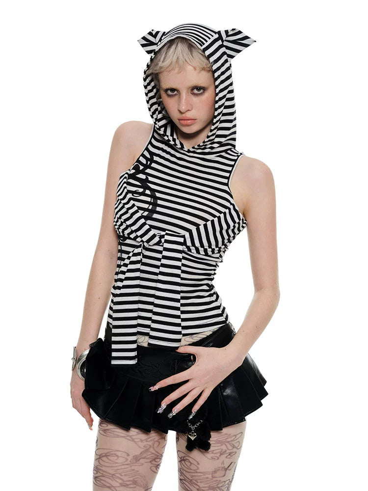 Striped Hoodie Base Layer with Cat Ears – Slim Fit Off-Shoulder Design