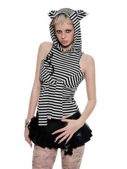 Striped Hoodie Base Layer with Cat Ears – Slim Fit Off-Shoulder Design