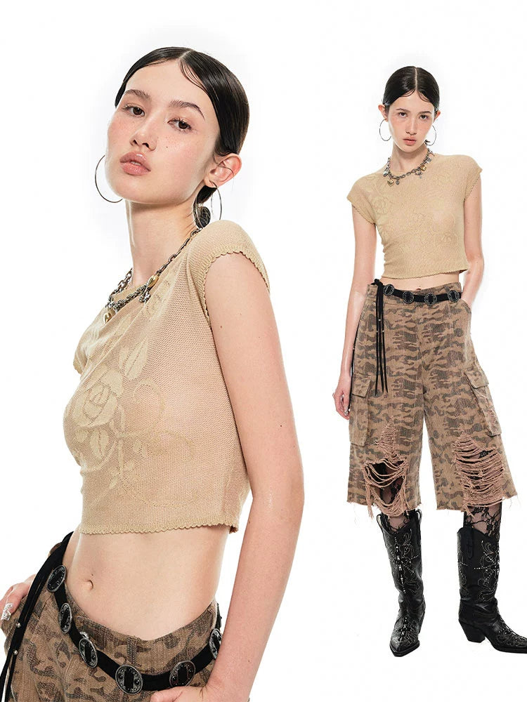 Rose Cutout Glitter Knit T-Shirt – Sheer Short Sleeve Slim Crop Top