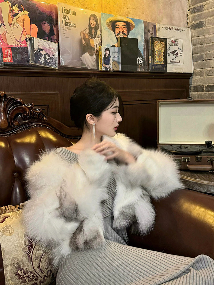 Toka Cross Fox Fur Coat – Trendy Gradient Short Celebrity Fur Jacket