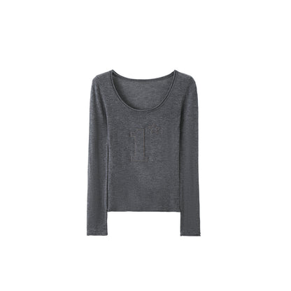 studded scoop neck slightly transparent knit base layer with a slim waist and a high-stretch long-sleeved top