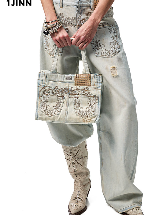 Vintage Distressed Embroidered Denim Tote Bag – Premium Shoulder Bag