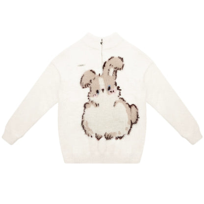 Pink Rabbit Plush Sweater | Half Zipper Velvet Retro Design for Autumn/Winter