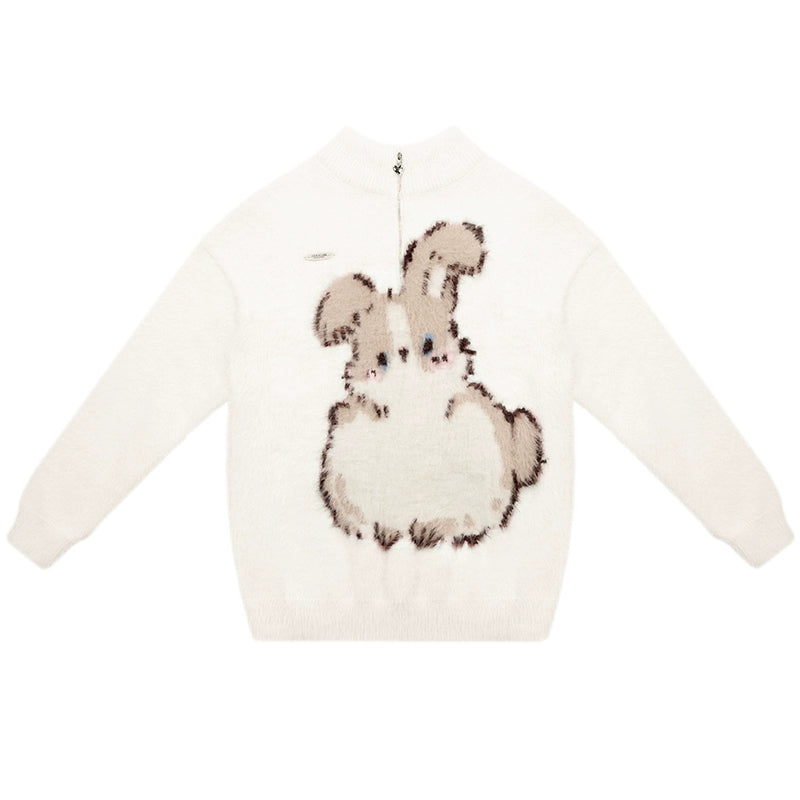 Pull en peluche lapin rose | Design rétro en velours à demi-fermeture éclair pour l'automne/hiver