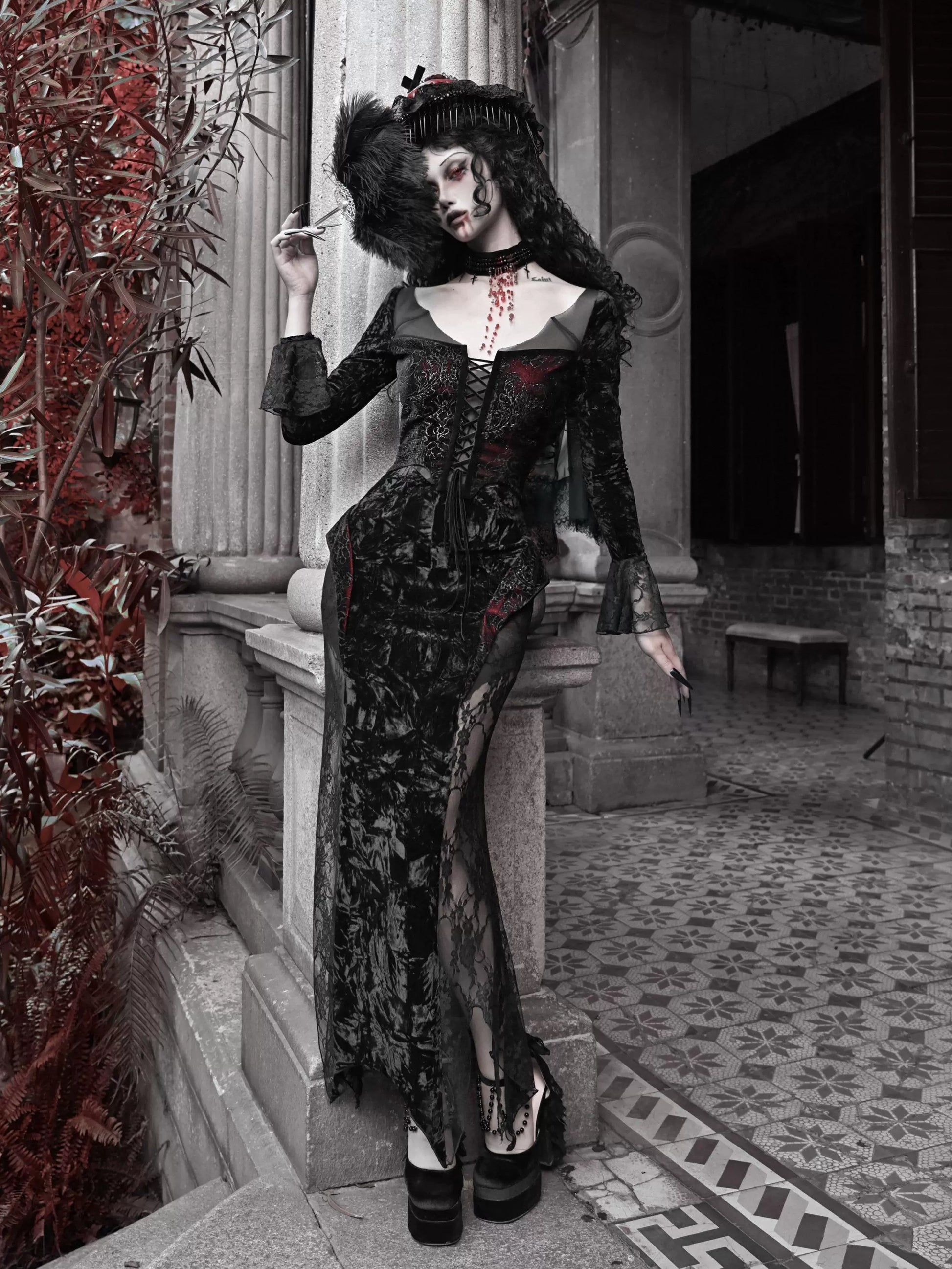 Crimson Gothic Velvet Dress - Glitter Fishtail Gown with Slim Bat Sleeves Crimson Gothic Velvet Dress - Glitter Fishtail Gown with Slim Bat Sleeves