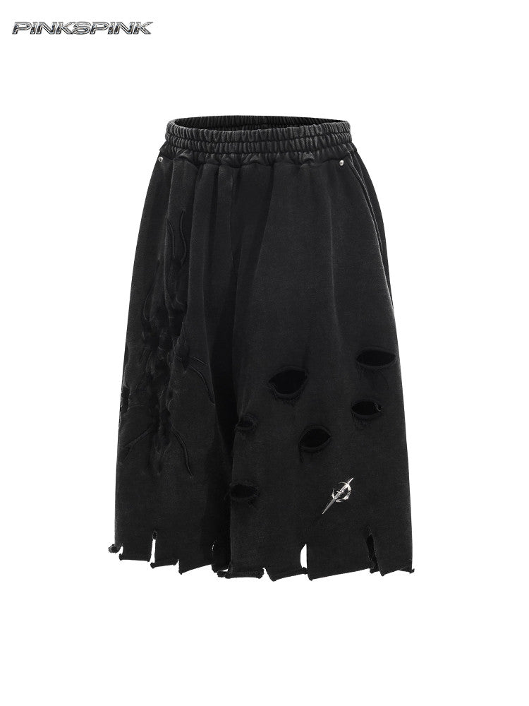 Electric Moon Embroidered Ripped Layered 7/8 Shorts – Punk Y2K