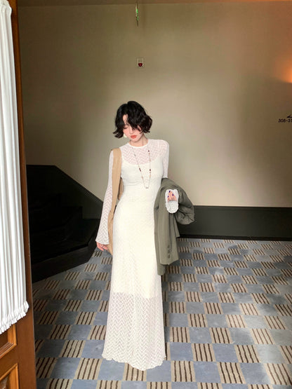 Moonlight Cicada Sheer Lace Long Dress with Anti-Exposure Slip – Vintage Romance