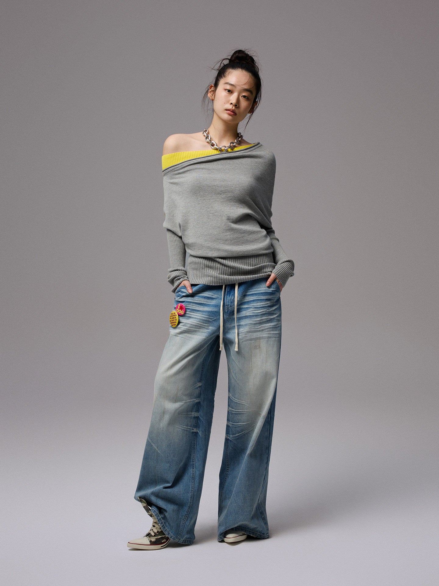 Asymmetric Contrast Knit Dress
