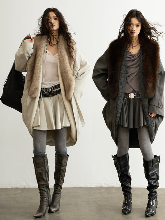 Distressed Long Jacket with Fur Collar | Urban Nomad Shell Coat