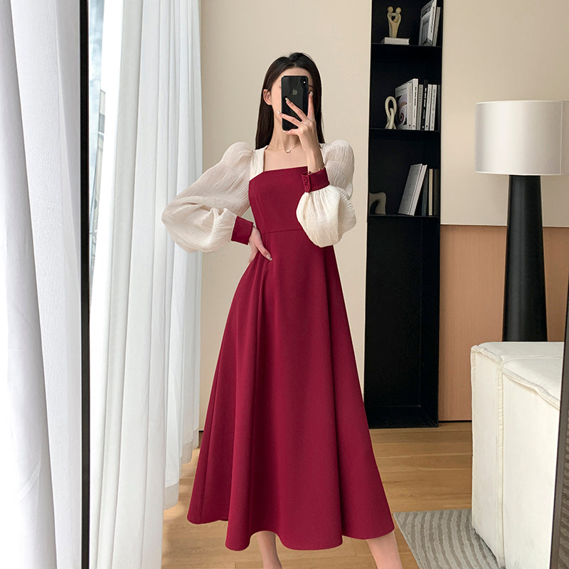 Red Retro Bubble Sleeve Dress