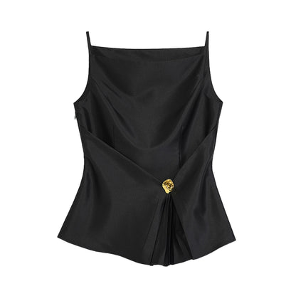 فرنسية مطوية الدبابة Top Top Women's Black Design Assess Small and High Level Fervament Slim Fit Top