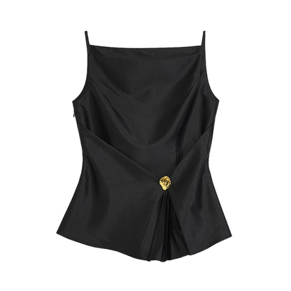 Tabbus de suspension plissé français sens de conception noire de la femme petite et haut de gamme Tempérament de tempérament Slim Fit Top