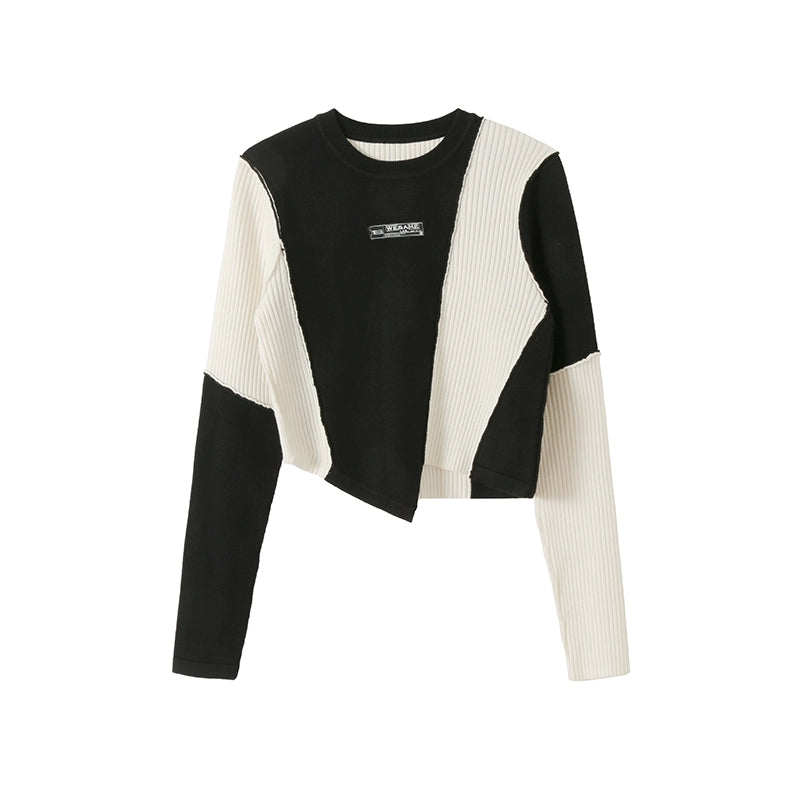 22a/w 오리지널 디자인 틈새 틈새 클래식 둥근 목 흑백 색상 대비 여성을위한 짧은 스웨터