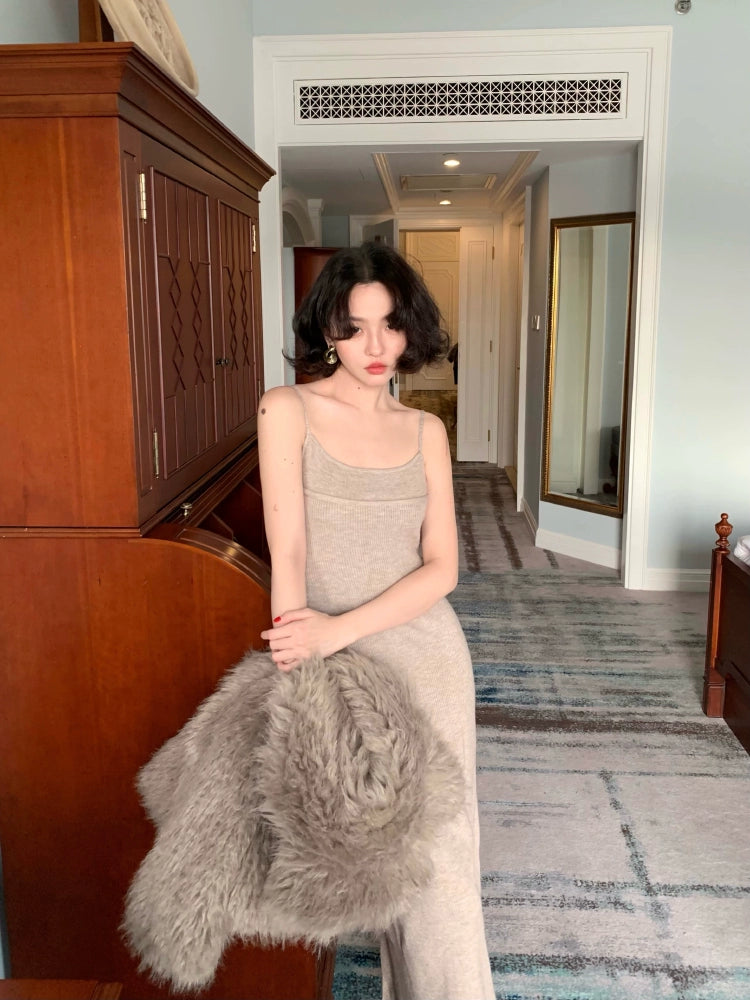 French Sleeveless Wrap Maxi Knit Dress (Evening Harvest)