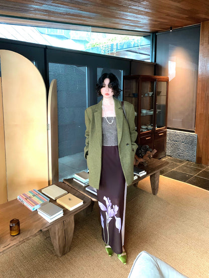 Ink-Dyed Floral High-Waisted Stretch Skirt – Wine Afternoon Retro Collection