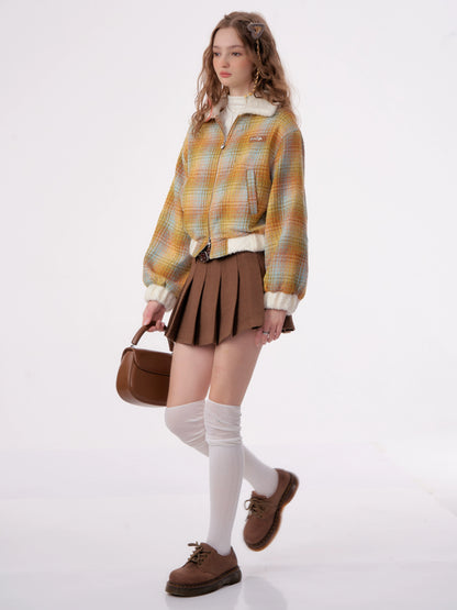 Yellow Checkered Velvet Wool Jacket | Short Collar Retro Design for Autumn/Winter