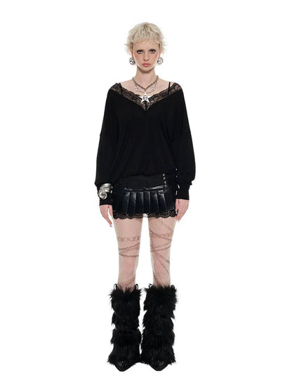 V-Neck Faux Two-Piece Lace Blouse – Loose Midi Cover-Up Top