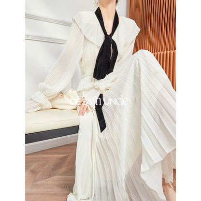 Pleated White French Long Sleeve Dress