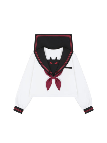 JK Uniform with Little Demon Embroidery Long-Sleeve Top