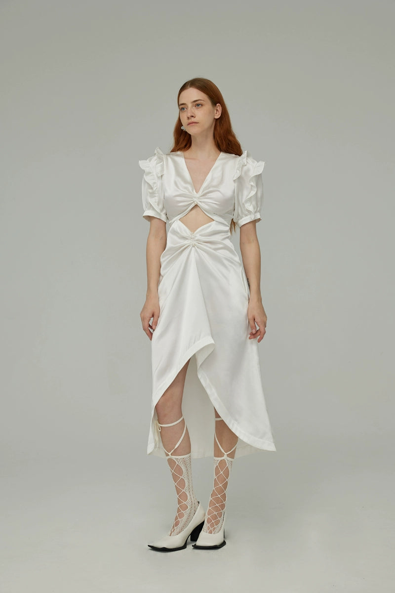 White Hollow Bubble Sleeve Dress