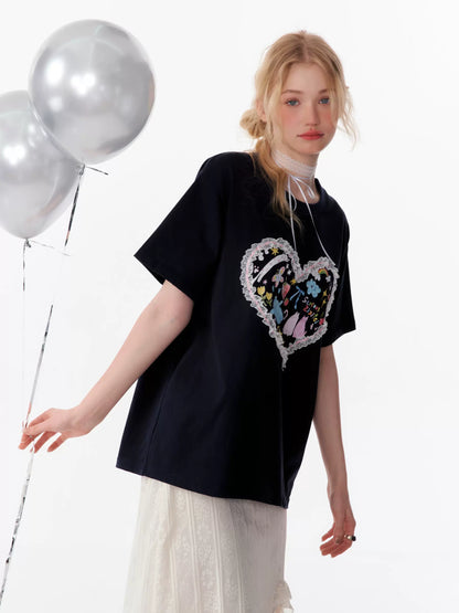 Love Graffiti Printed T-shirt | Loose Round Neck Retro Design for Summer