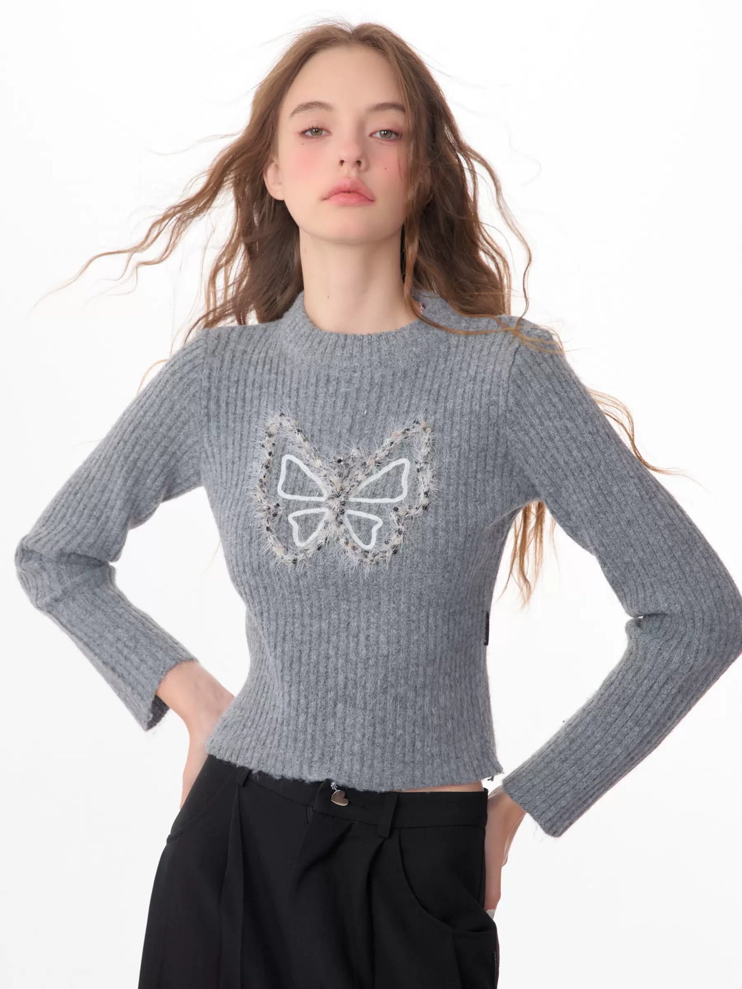 Butterfly Embroidered Slim Fit Knit Top | Long Sleeve Retro Design for Autumn/Winter