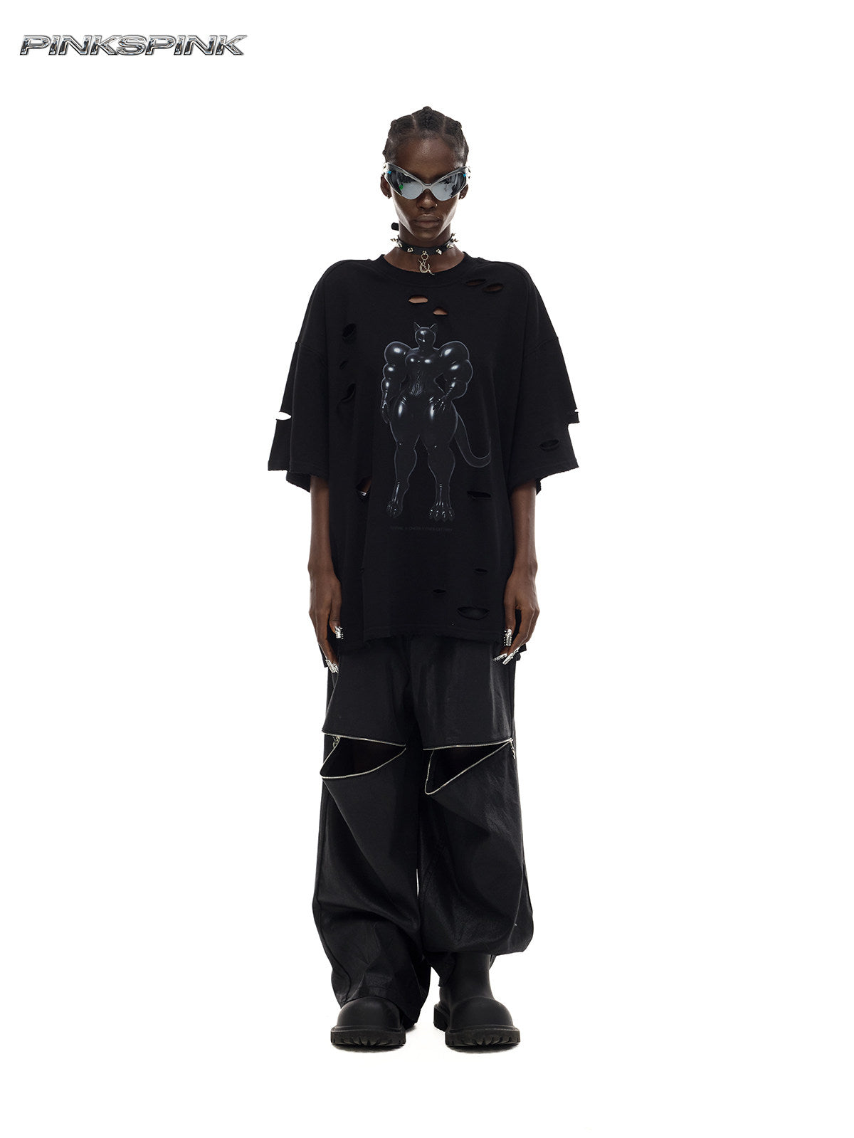 Cat Print Distressed Waist-Cinching Y2K Tee