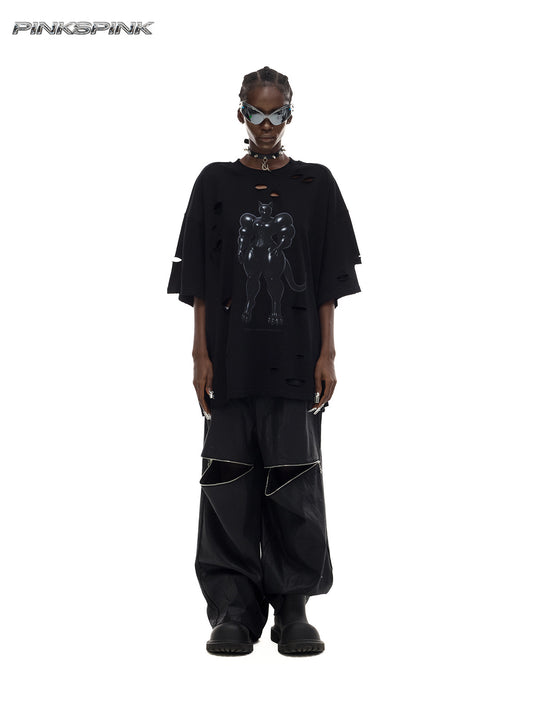 Cat Print Distressed Waist-Cinching Y2K Tee