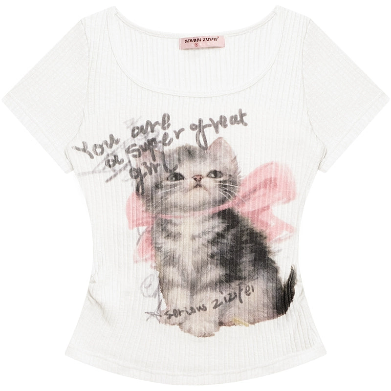 Cute Cat Printed T-shirt | Slim Fit Round Neck Knitted Design for Summer