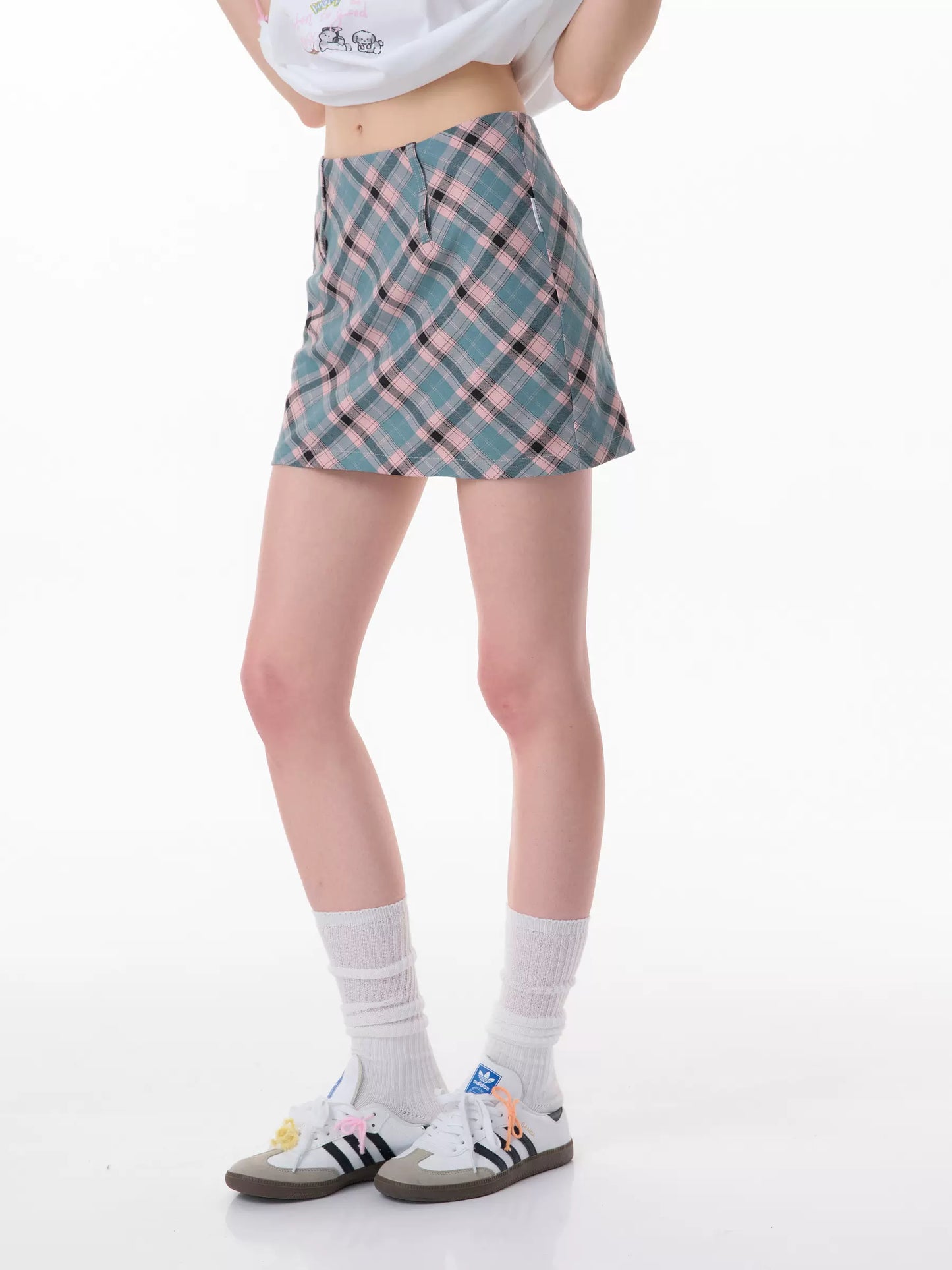 Pink & Blue Plaid A-Line Skirt | Retro High Waist Slim Fit for Summer