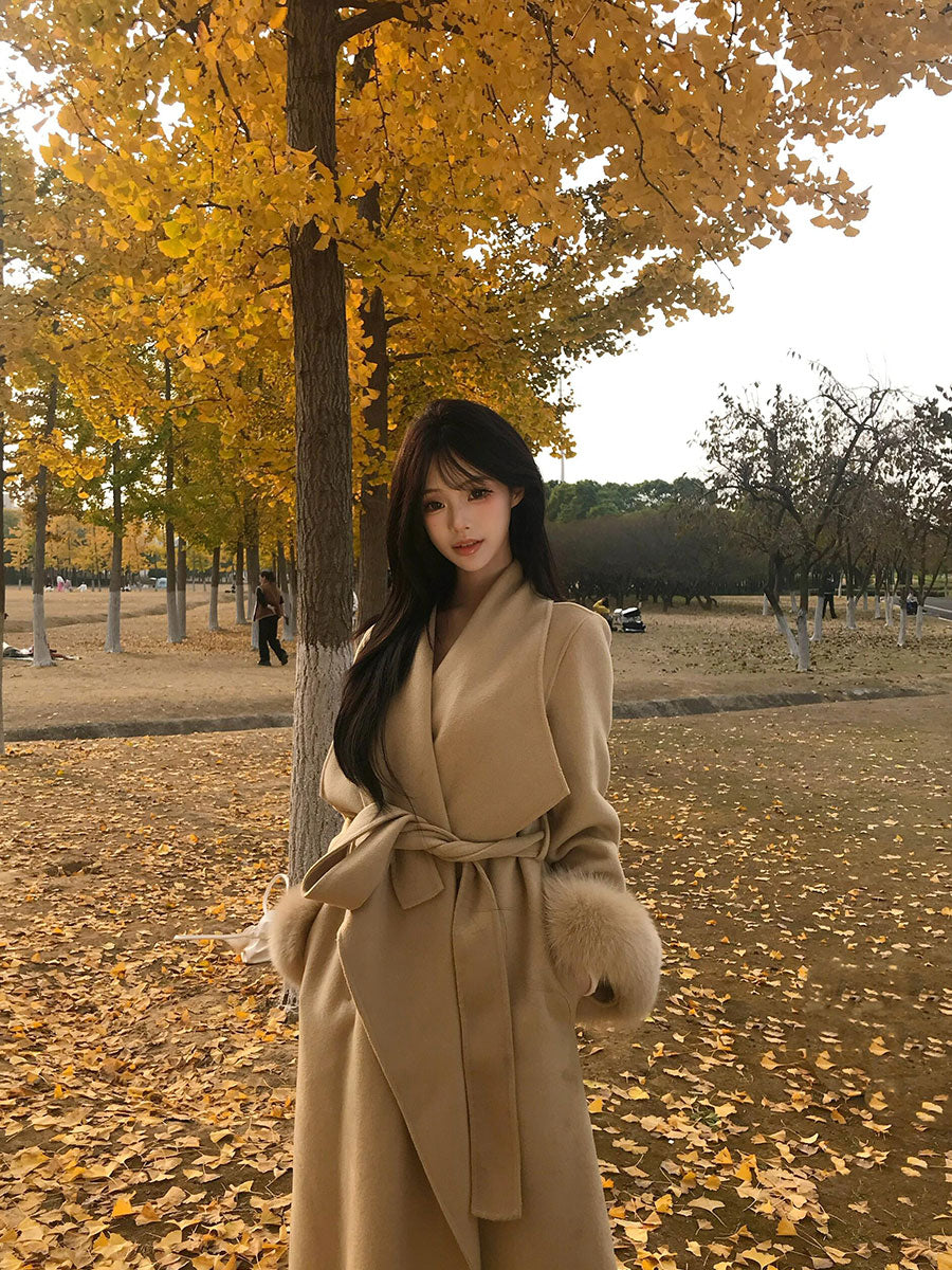 Golden Double-Faced Cashmere Coat – Winter Fox Fur Cuff Woolen Jacket