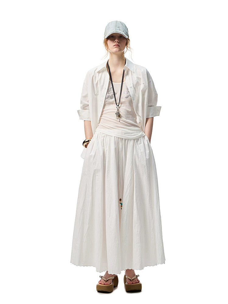 Loose Dropped-Shoulder Shirt Jacket with Striped Double-Bubble Shorts Set