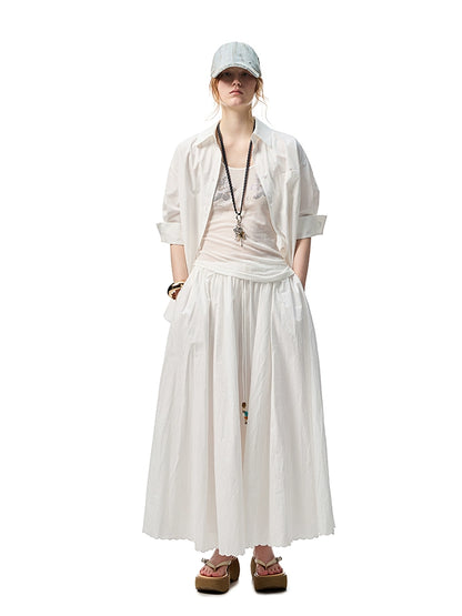 Loose Dropped-Shoulder Shirt Jacket with Striped Double-Bubble Shorts Set