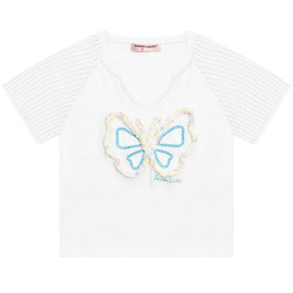 Camiseta de manga raglán con cuello en V y mariposa Diseño retro de punto hueco para el verano